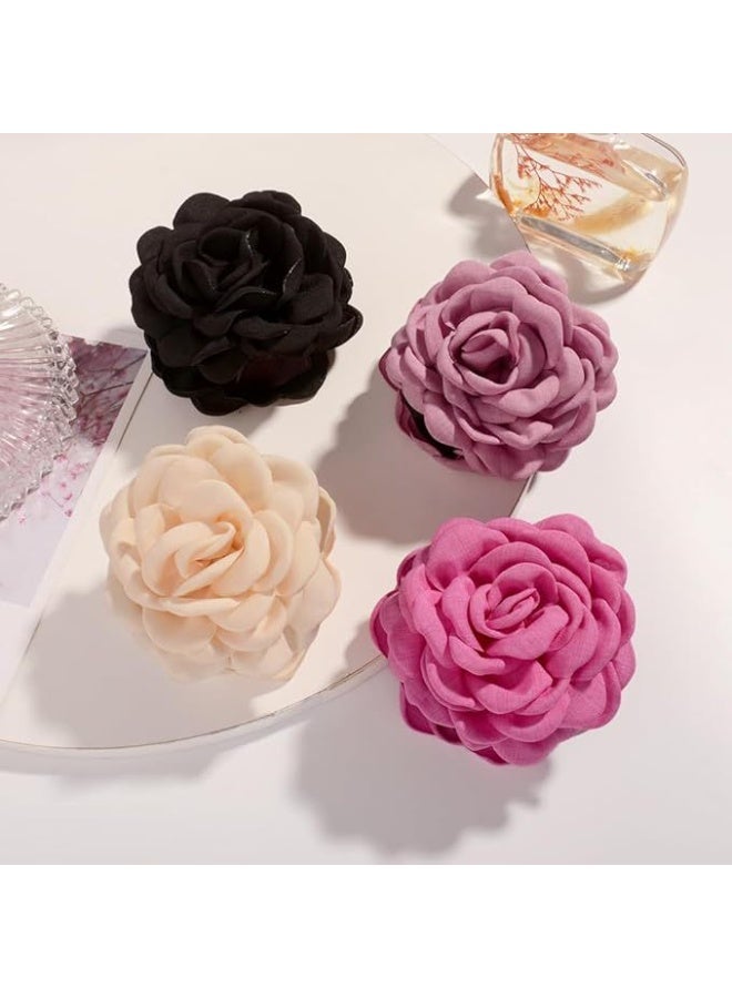Ucanbe 4PCS Rose Flower Fabric Claw Clips Set | Elegant Floral Shark Hair Clips (Beige, Black, Dark Pink, Blush Red) - Image 1